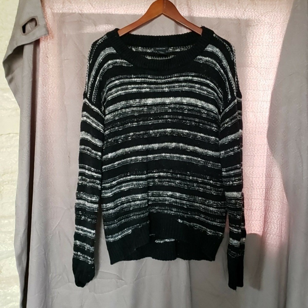 Calvin Klein Jeans Sweater Mens Large Black Stripe Knit Crewneck Pullover Casual